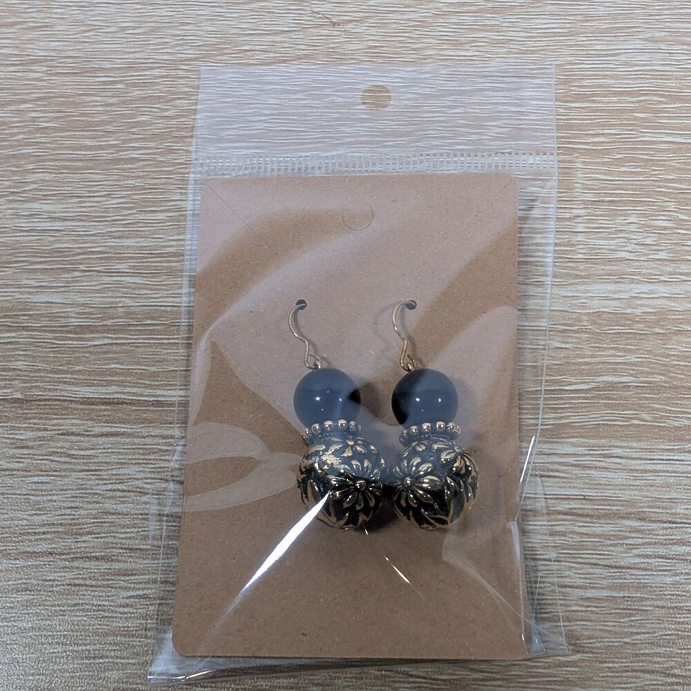 Vintage Style Gold Tone Filigree Drop Earrings with Blue Beads